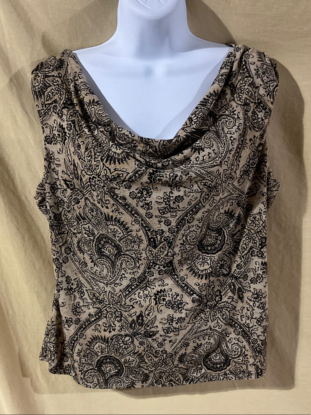 George Size L Beige Blouse with Black Paisley Cowl Neck
